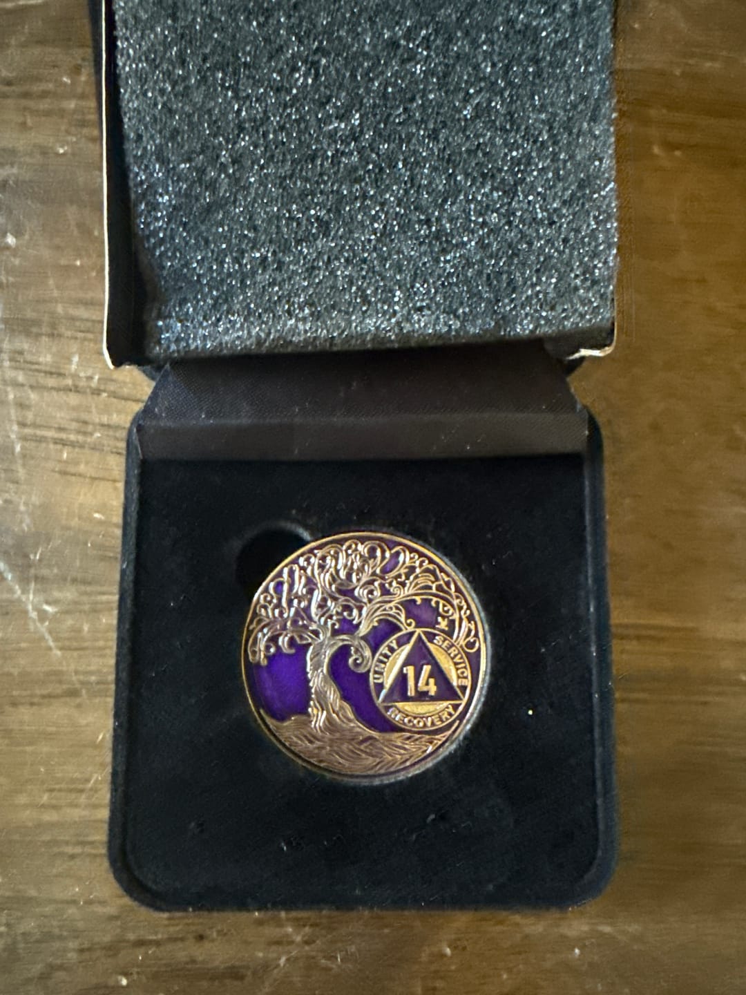 Customer photo review of 14 Year Sobriety Mint Twisted Tree of Life Gold Plated AA Recovery Medallion/Chip/Coin - Purple + Velvet Box