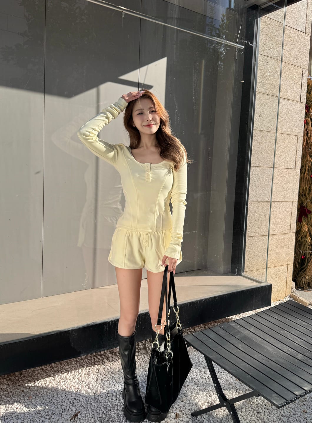 Customer photo review of Rase Le Sol Cream Yellow Fitted Long-Sleeve Tee & Relaxed Shorts Set