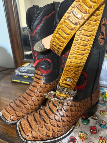 Customer photo review of Honey Cognac Python Leather Boots - Square Toe