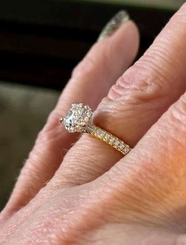 Customer photo review of Hidden Halo Round Moissanite Pave Two Tone Engagement Ring