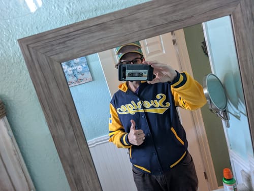 Customer photo review of Custom Navy Gold Raglan Sleeves Varsity Full-Snap Letterman Three Stripes Jacket Hoodie
