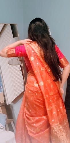 Customer photo review of Vivid Peach Woven Banarasi Tissue Silk Saree : Top Pick