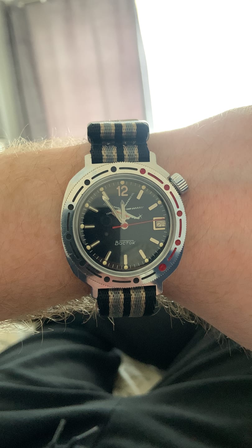 Customer photo review of Premium Woven Military Style Watch Strap - Black, Grey and Beige (No Time To Die Strap)
