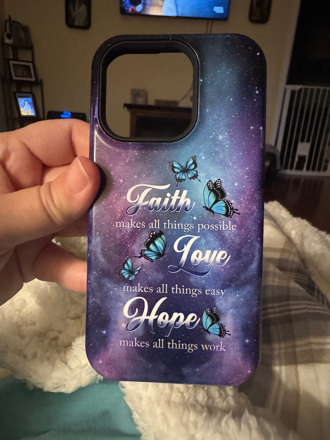 Customer photo review of Butterfly Faith Makes All Things Possible Christian Phone Case