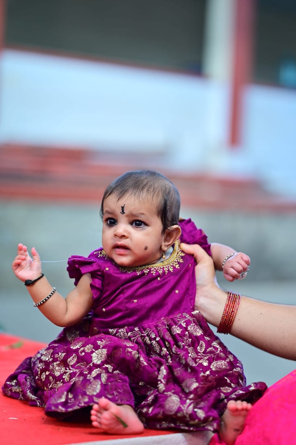 Customer photo review of Wine color embroidery banarasi silk ethnic dress for baby girl