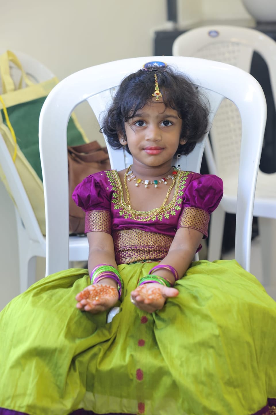 Customer photo review of Green and wine traditional langa blouse embroidered zari border dress for baby girl (100% Pure Cotton)