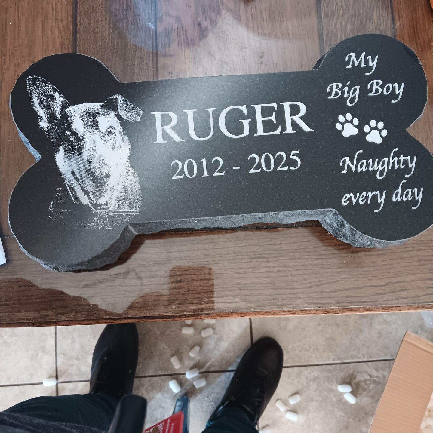 Customer photo review of Bone Shape Outdoor Pet Grave Marker Personalized Memorial Plaque Granite