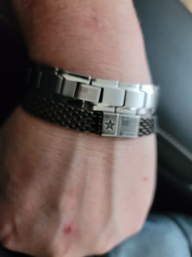Customer photo review of Iron Man Armor Titanium Magnetic Bracelet: Helps Pair Veterans With A Service Dog Or Shelter Dog