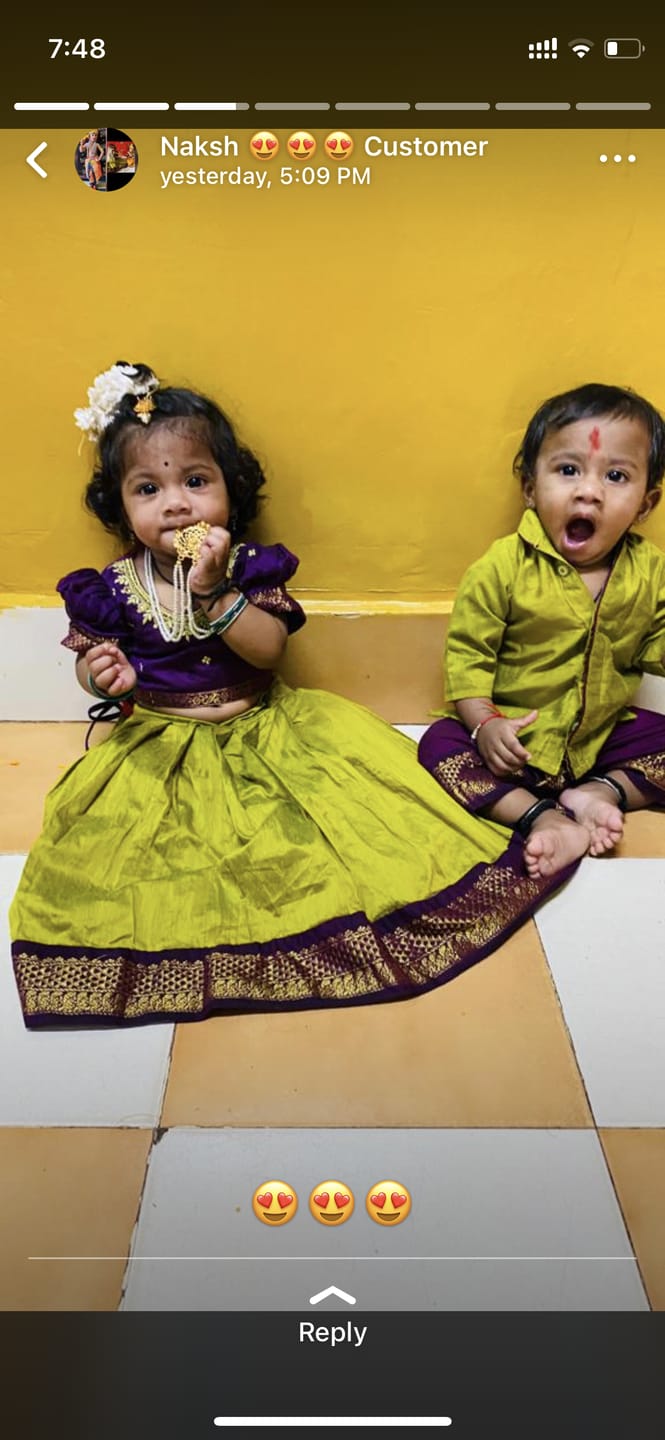 Customer photo review of Green and wine traditional langa blouse embroidered zari border dress for baby girl (100% Pure Cotton)