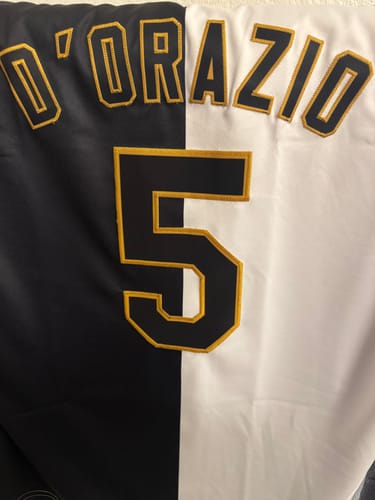 Customer photo review of Custom Black White-Old Gold Split Fashion Authentic Baseball Jersey