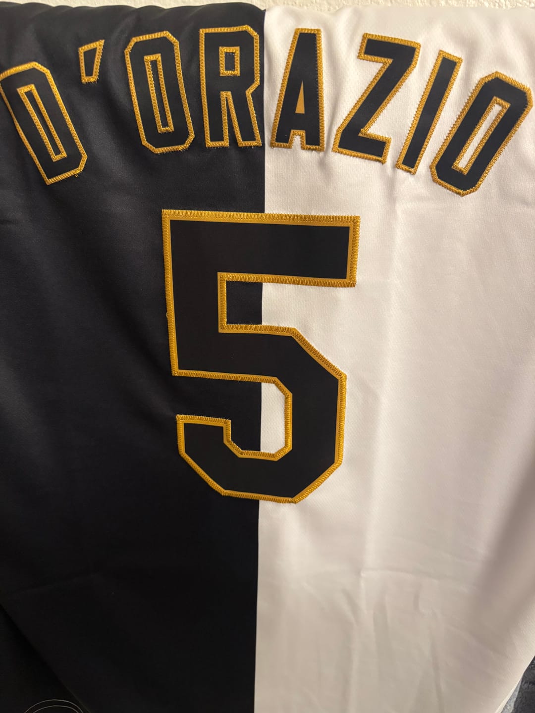 Customer photo review of Custom Black White-Old Gold Split Fashion Authentic Baseball Jersey
