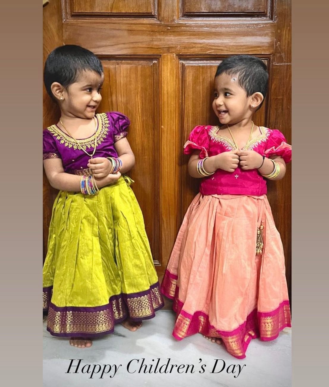 Customer photo review of Green and wine traditional langa blouse embroidered zari border dress for baby girl (100% Pure Cotton)