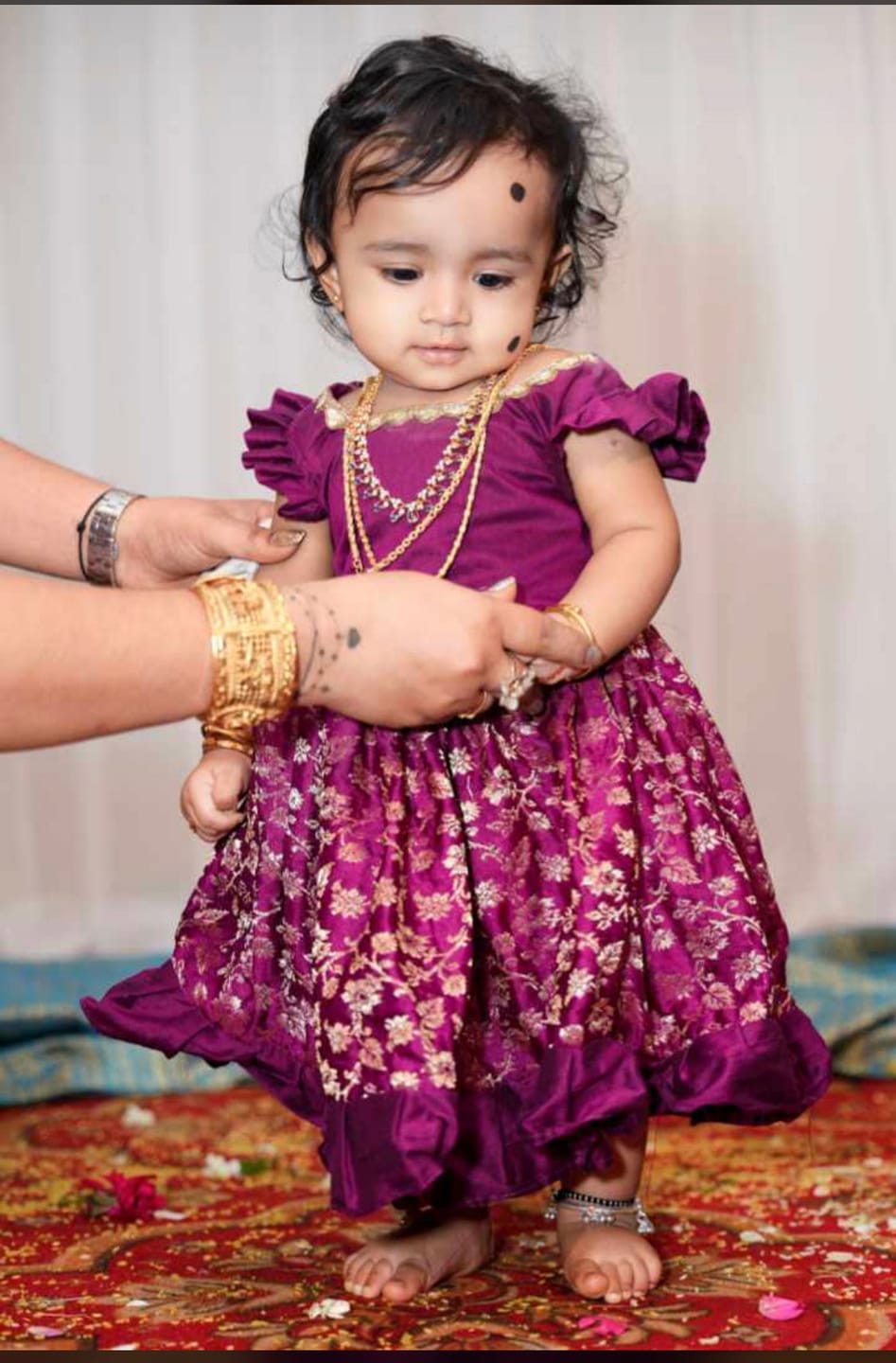 Customer photo review of Wine color embroidery banarasi silk ethnic dress for baby girl
