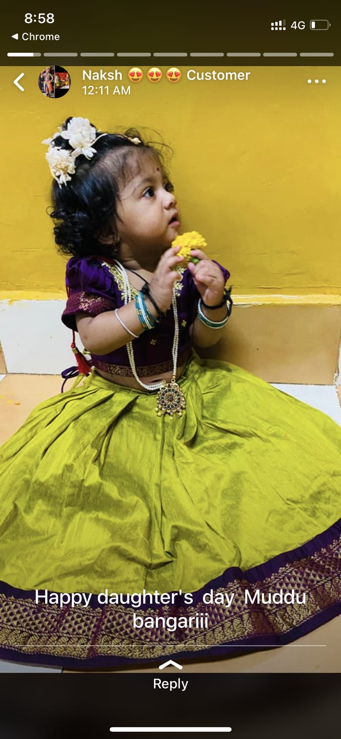 Customer photo review of Green and wine traditional langa blouse embroidered zari border dress for baby girl (100% Pure Cotton)