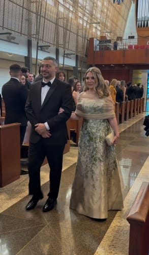 Customer photo review of Strapless Boarder Print Brocade A-Line Gown