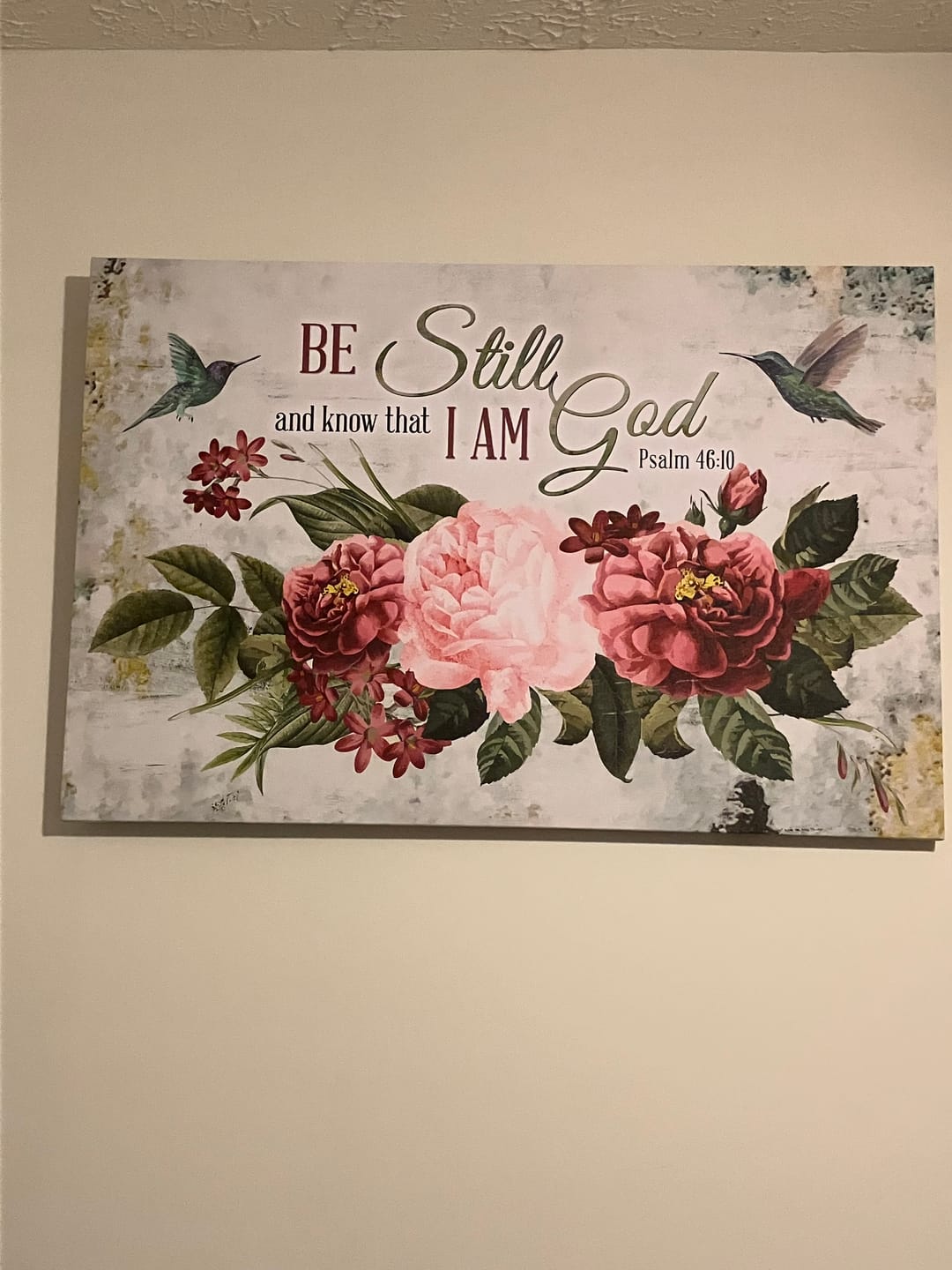 Customer photo review of Be Still and Know That I Am God, Vintage Flower Hummingbird, Wall art canvas