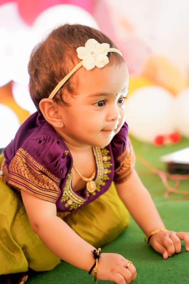 Customer photo review of Green and wine traditional langa blouse embroidered zari border dress for baby girl (100% Pure Cotton)
