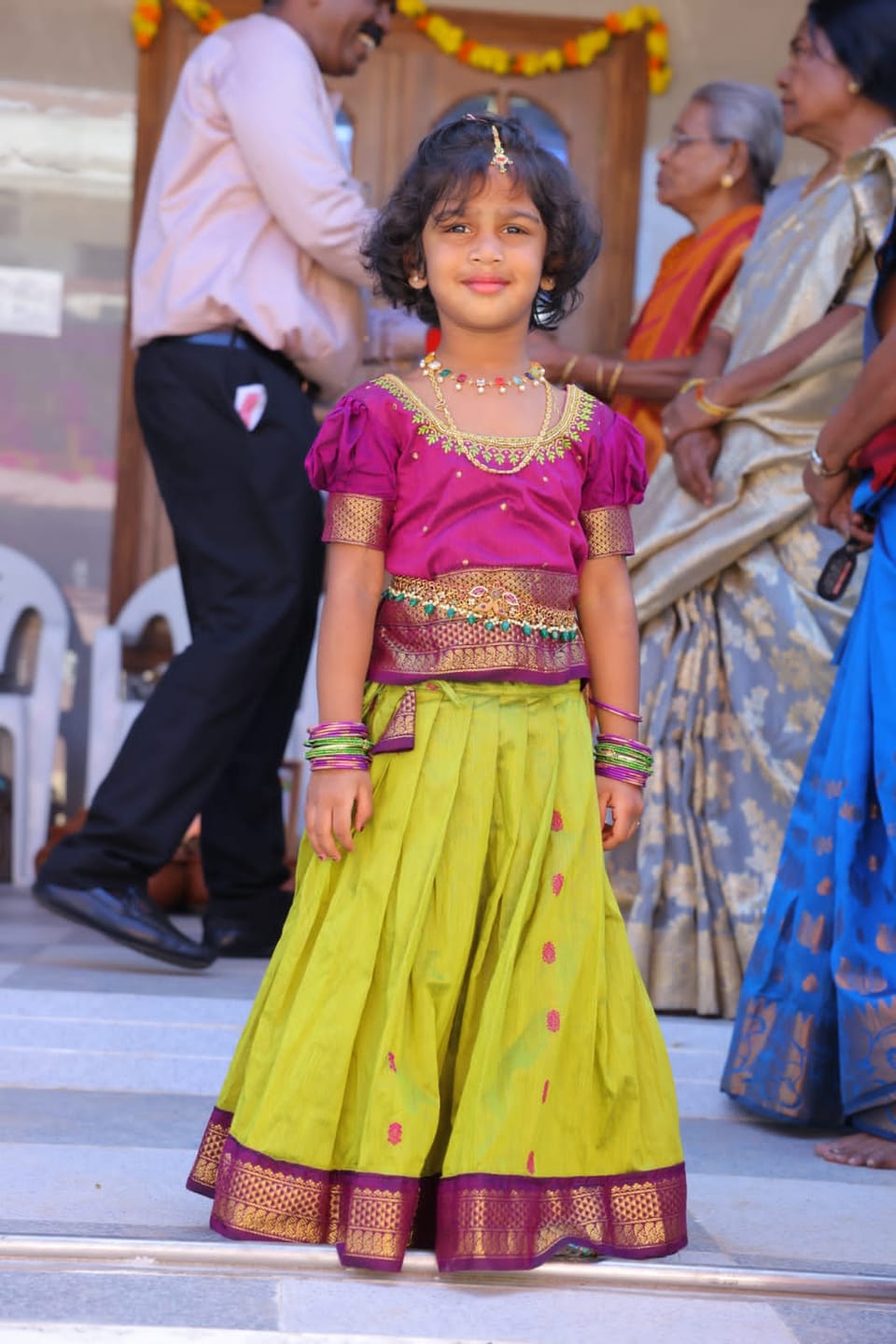 Customer photo review of Green and wine traditional langa blouse embroidered zari border dress for baby girl (100% Pure Cotton)