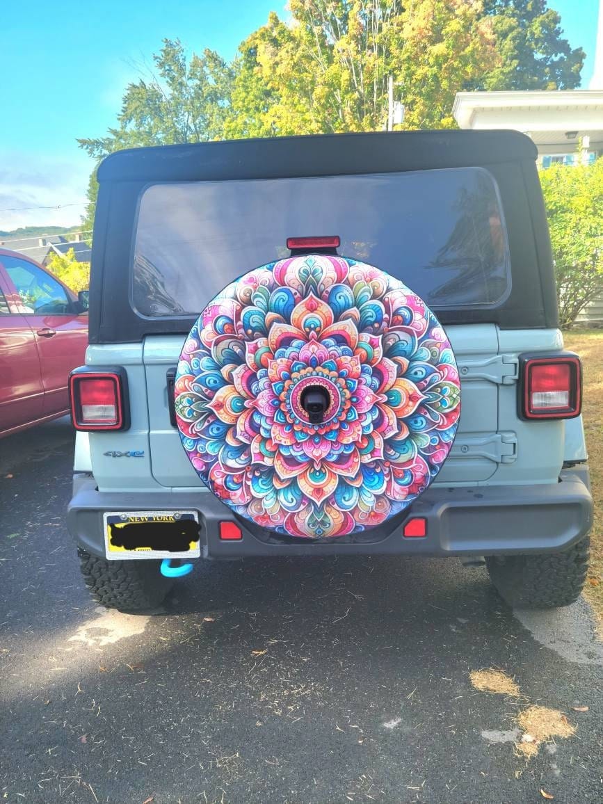 Customer photo review of Mandala Spare Tire Cover, Rear Auto Vehicle Backup Camera Hole Unique Back Wheel Cars RV SUV Off Road Men Women Girls Trailer Campers