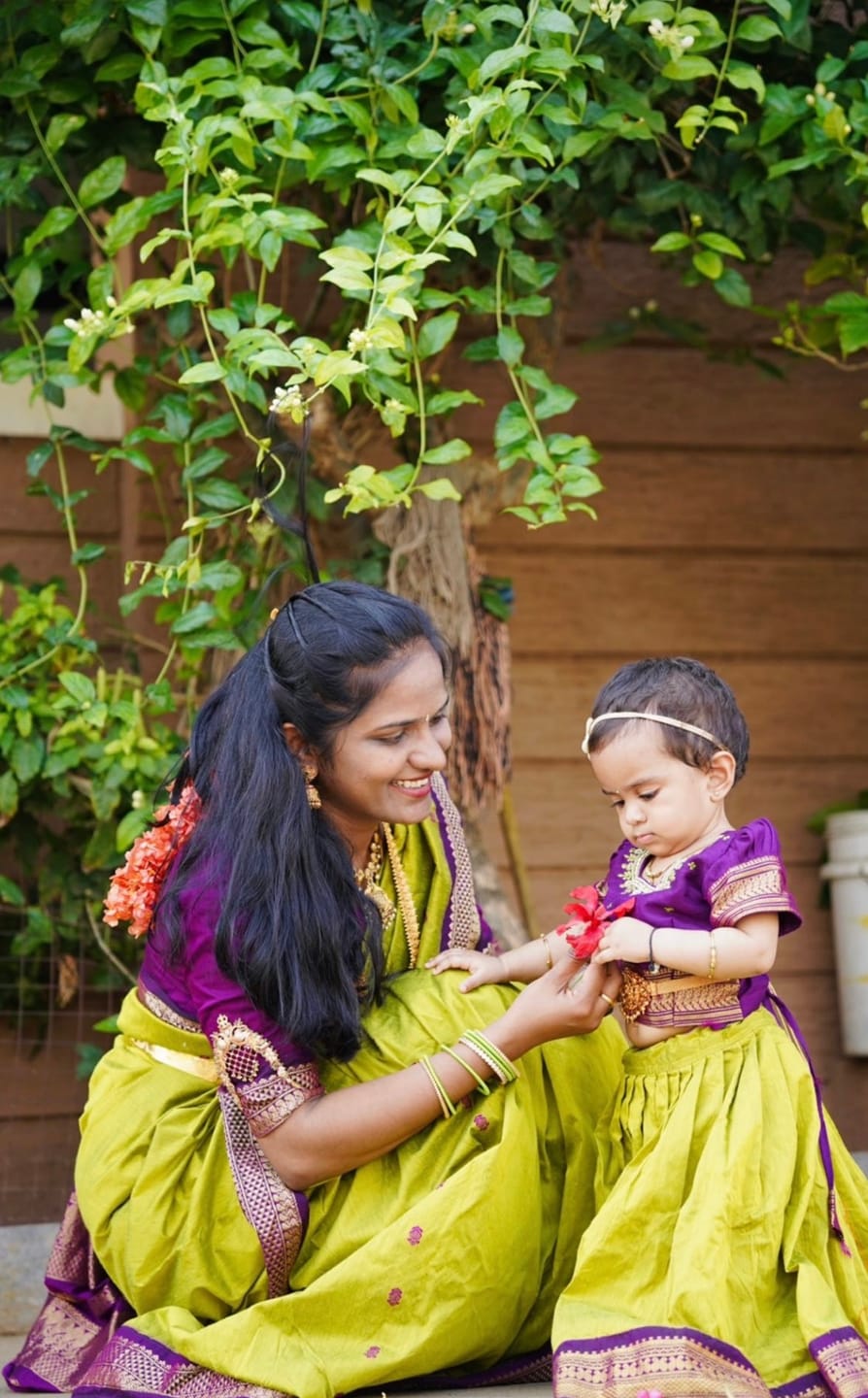 Customer photo review of Green and wine traditional langa blouse embroidered zari border dress for baby girl (100% Pure Cotton)