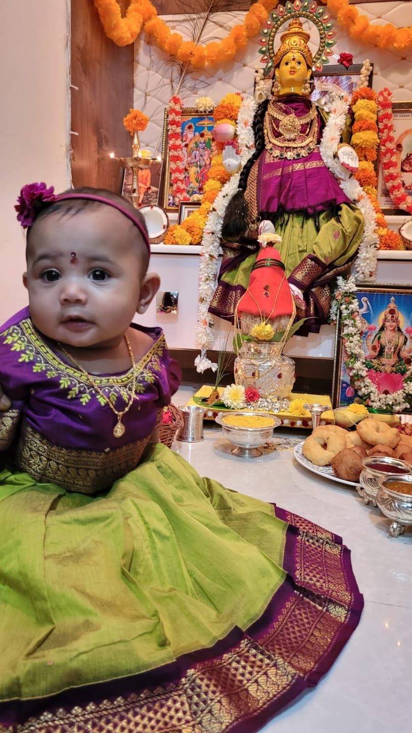 Customer photo review of Green and wine traditional langa blouse embroidered zari border dress for baby girl (100% Pure Cotton)