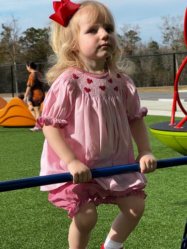 Customer photo review of Tiny Hearts Pink Pique Smocked Bishop Bloomer Set