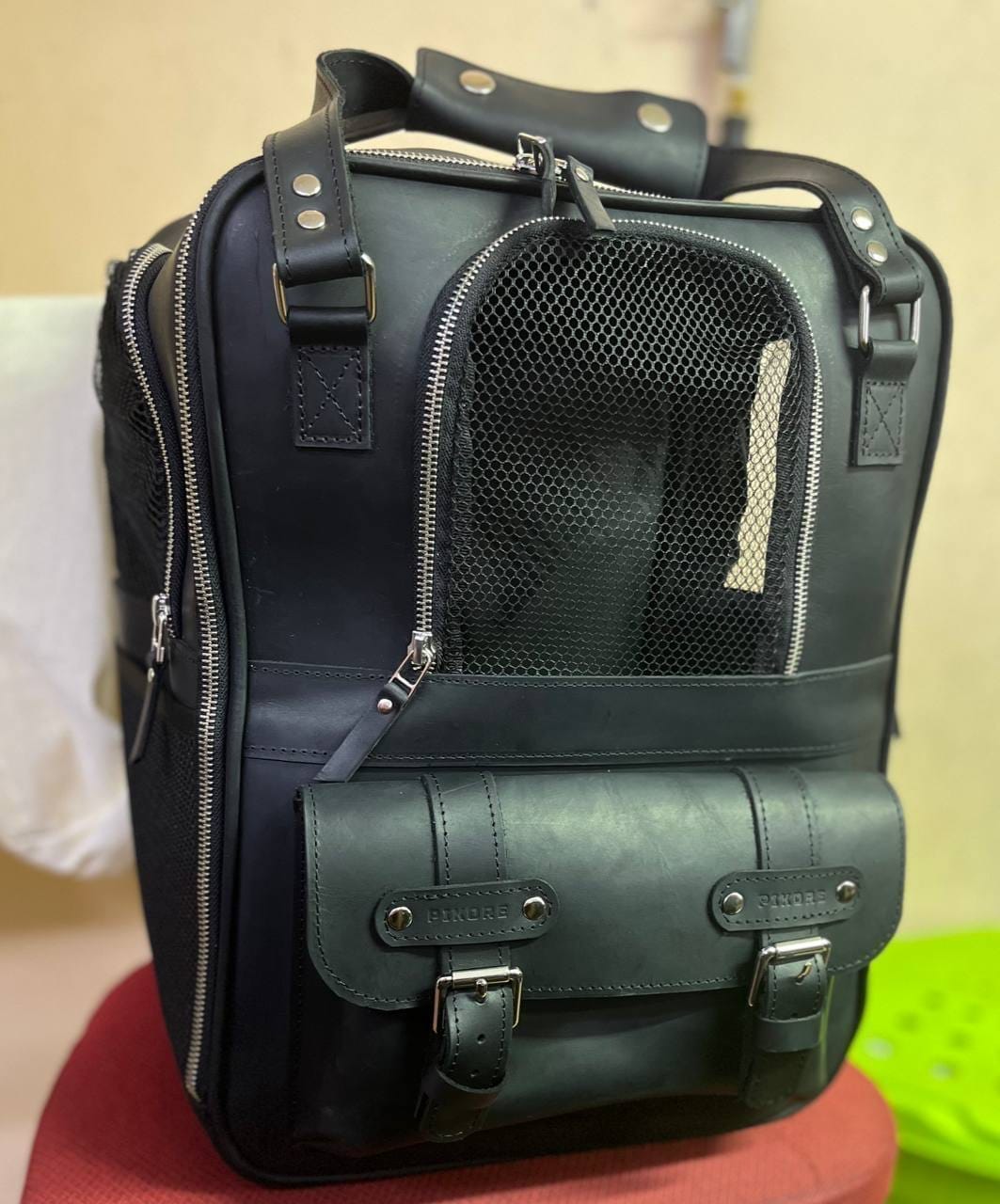 Customer photo review of Leather Pet Backpack