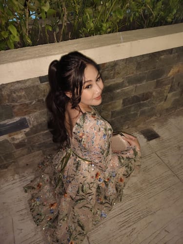 Customer photo review of 3/4 Sleeves Illusion V Neck Embroidery Beaded Long Dress