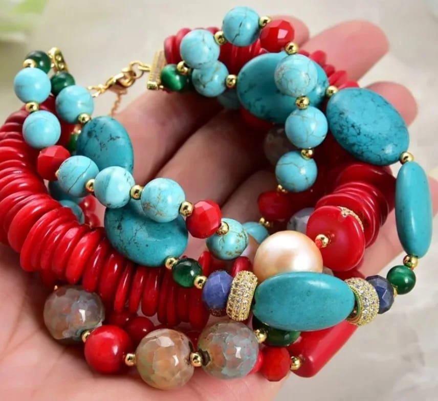 Customer photo review of Five-Strand Beaded Bracelet Pearl Turquoise Coral Gems — Multicolor | KIMLUD
