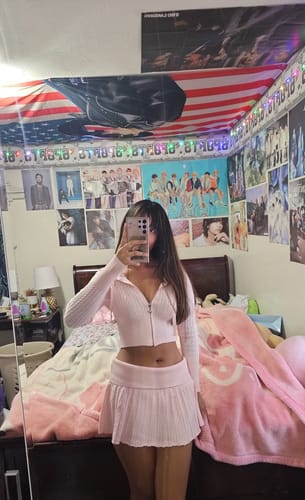 Customer photo review of Strawberry Milk Cable Knit Zip up Cardigan (Pink)