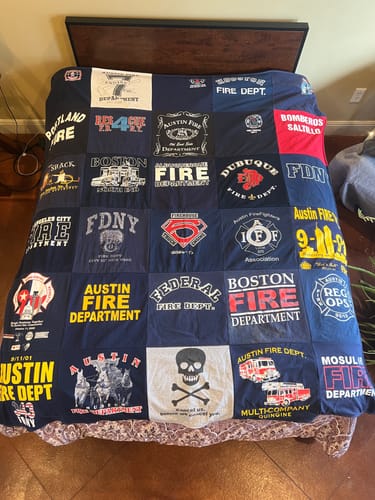 T-shirt quilt with firefighting, emergency services themes by David from TX