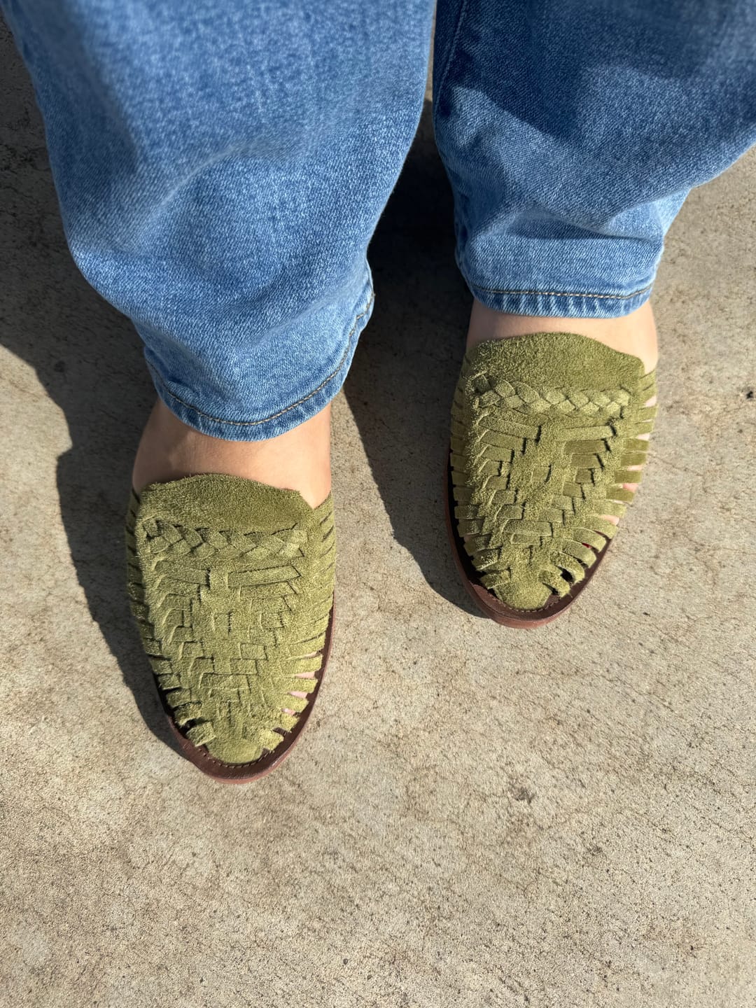 Customer photo review of Andy Suede Huaraches - Olive