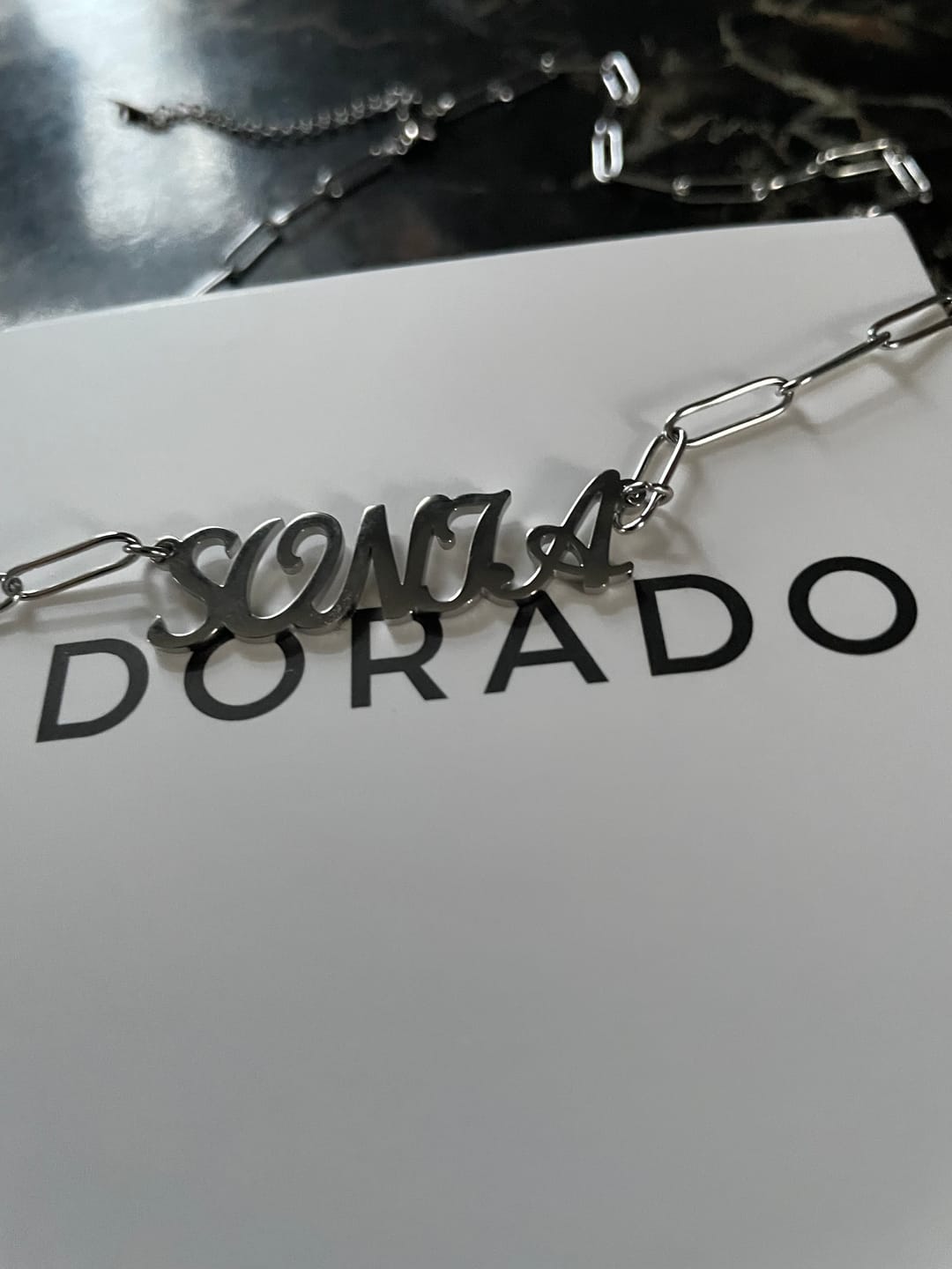 Customer photo review of Custom Name Necklace w/ Paper Clip Chain
