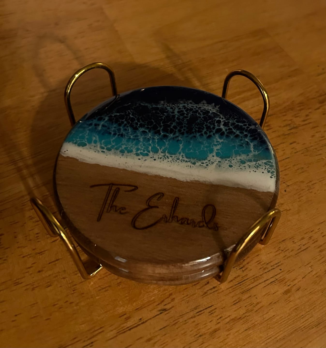 Customer photo review of Personalized Ocean Resin Wood Coasters,  Beach House Nautical Coastal Decor