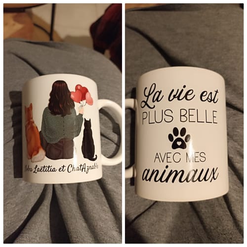 Customer photo review of Mug Personnalisé - Femme et Animaux - Chien Chat et Lapin