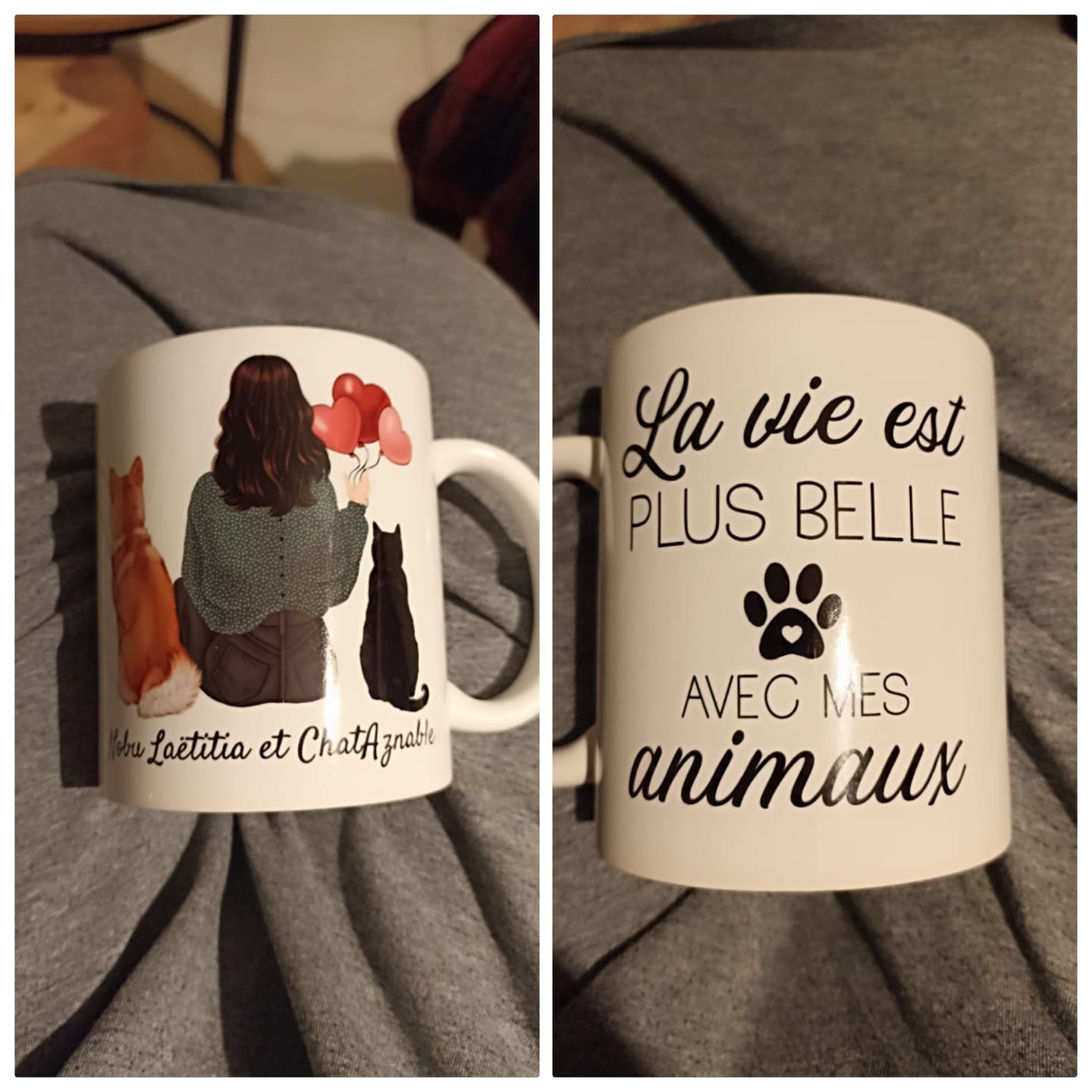 Customer photo review of Mug Personnalisé - Femme et Animaux - Chien Chat et Lapin