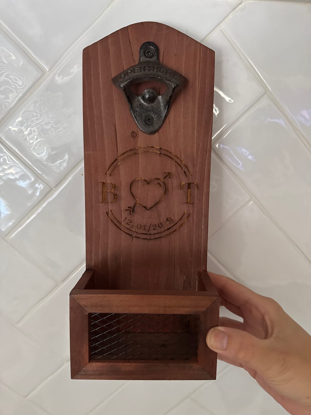 Customer photo review of Personalised Wall Mounted Wooden Bottle Opener & Cap Collector