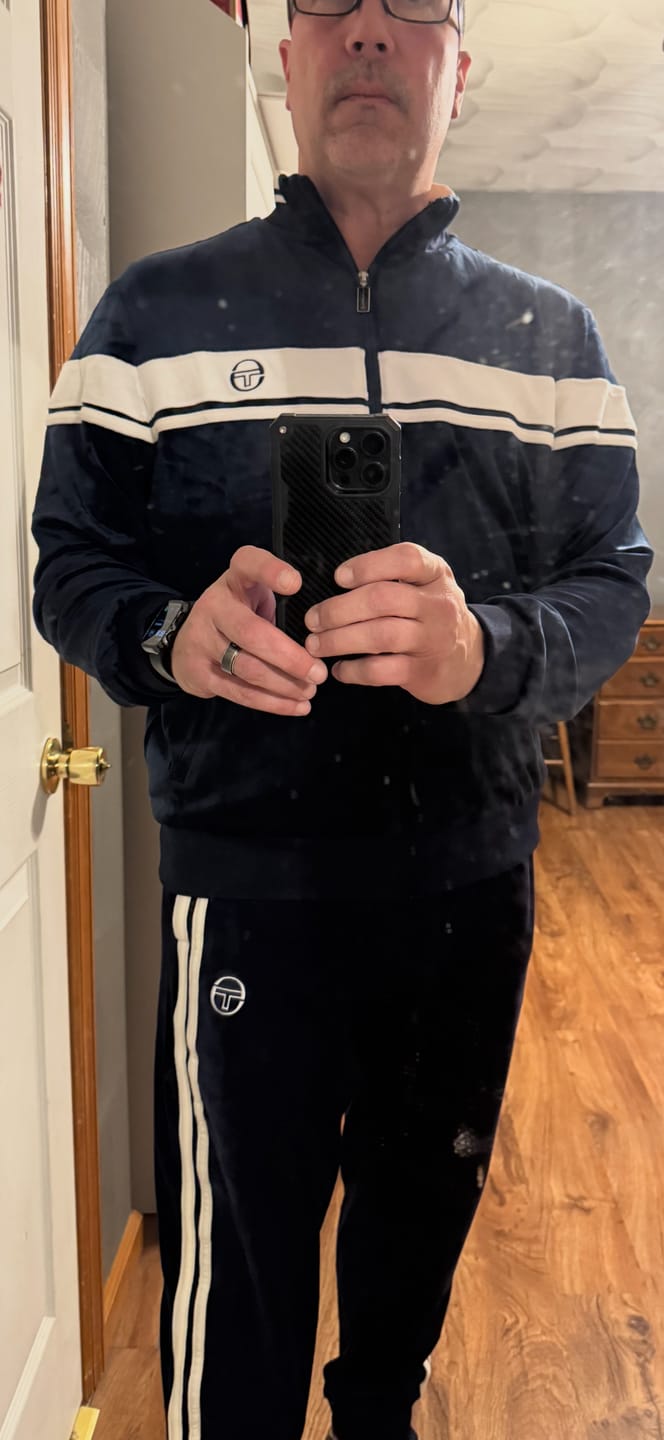 Customer photo review of Damarindo Velour Track Pant- Maritime Blue