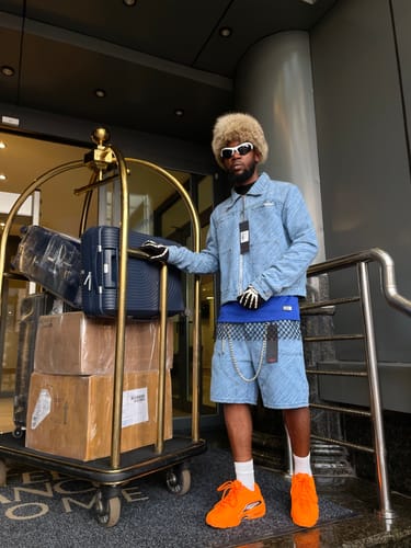 Customer photo review of Oversized Pinstripe Jacquard Denim Shorts