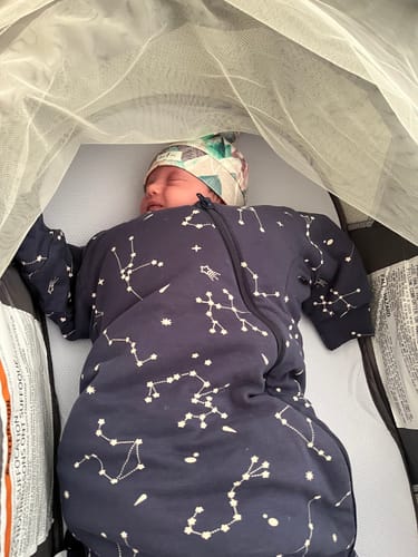 Customer photo review of Organic Cotton & Camel Wool Winter Sleep Sack With Arms 3.5 TOG - Constellation