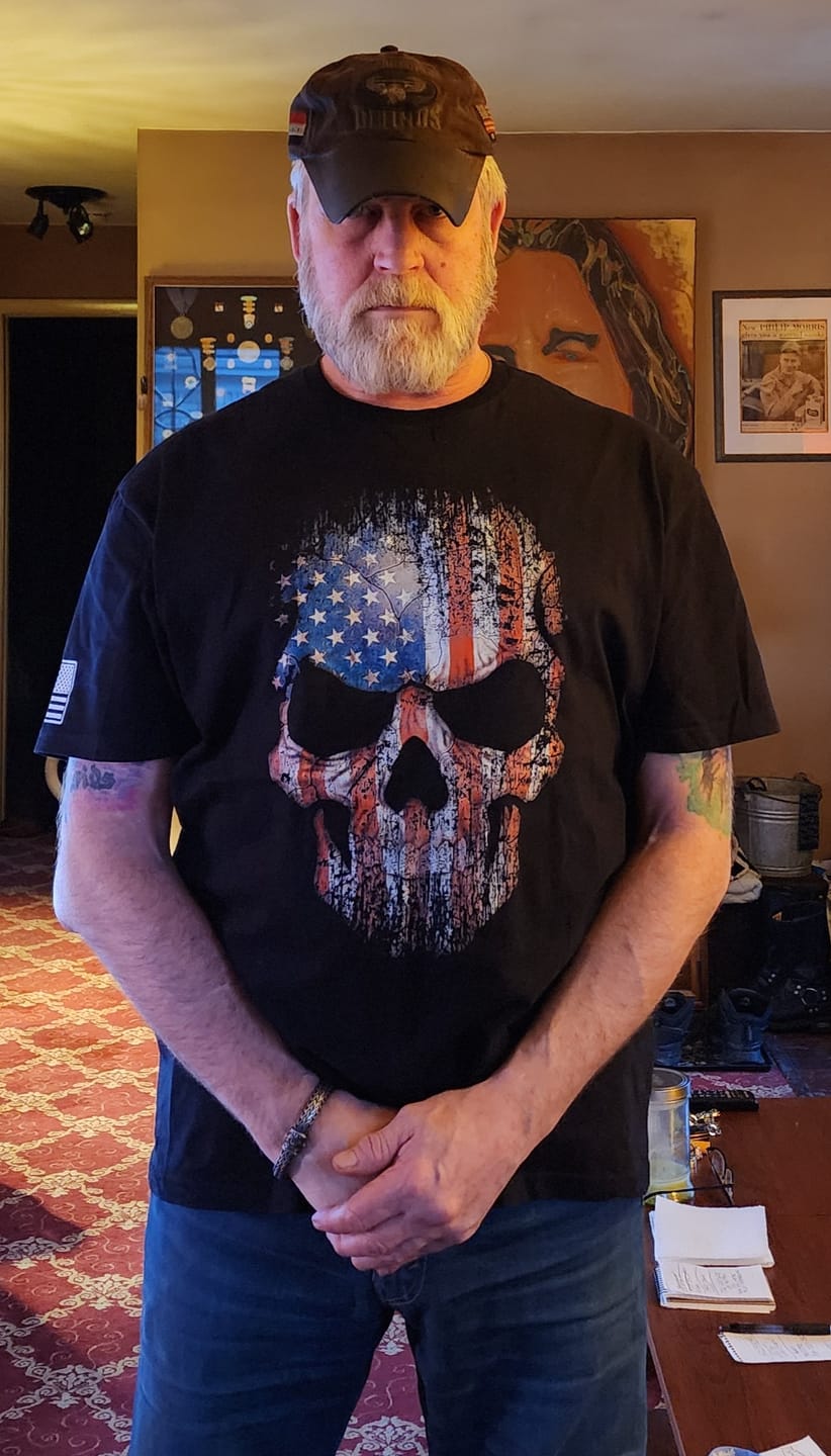 Customer photo review of USA Flag Skull T-Shirt