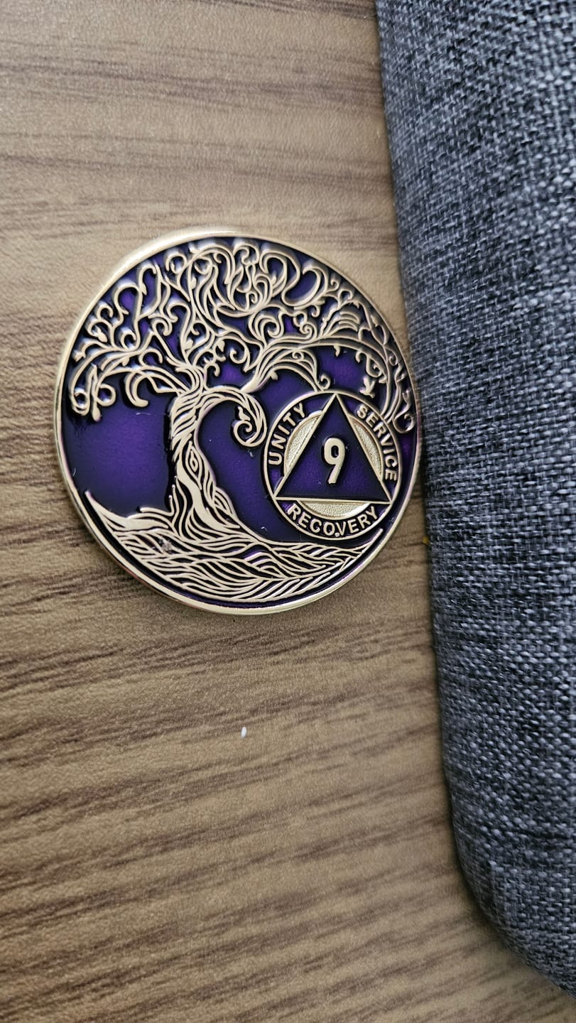 Customer photo review of 9 Year Sobriety Mint Twisted Tree of Life Gold Plated AA Recovery Medallion - Nine Year Chip/Coin - Purple