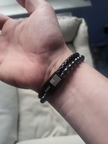 Customer photo review of FIDES Cross Leather & Magnetic Hematite Titanium Bead Bracelet: Helps Pair Veterans With A Service Dog Or Shelter Dog