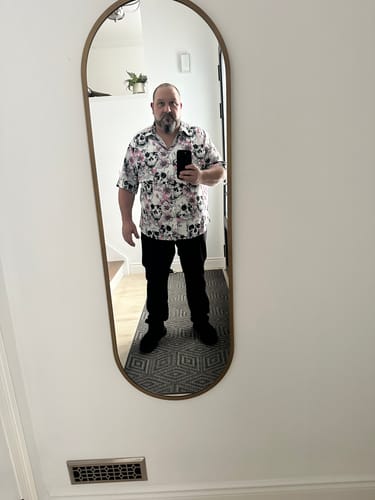 Customer photo review of Men's Skull Pink Flowers Button Up Short Sleeve Shirts