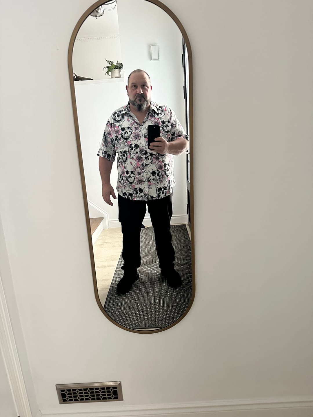 Customer photo review of Men's Skull Pink Flowers Button Up Short Sleeve Shirts