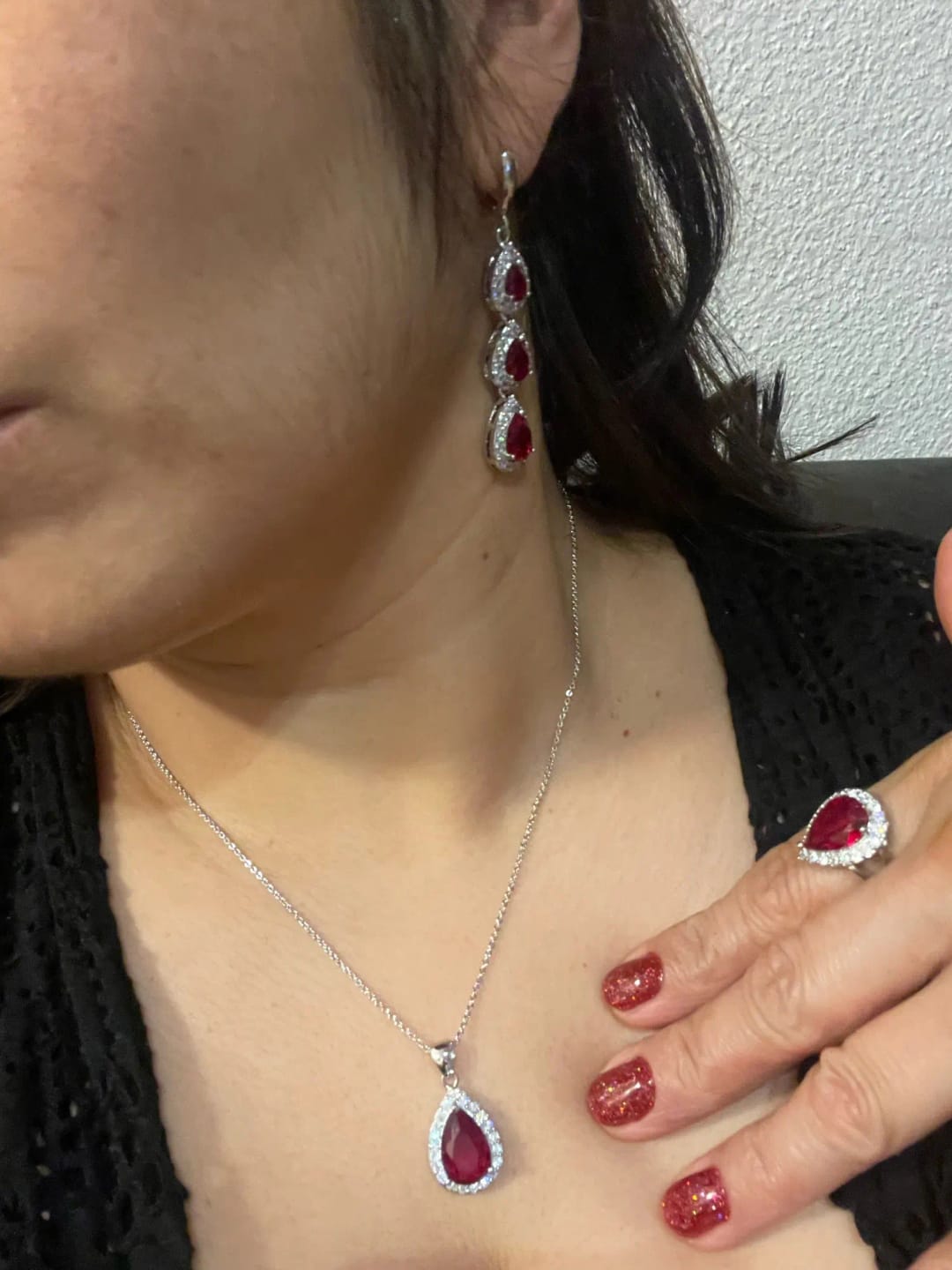 Customer photo review of Silver Water Drop Jewelry Set With Ruby And White Topaz — Red | KIMLUD