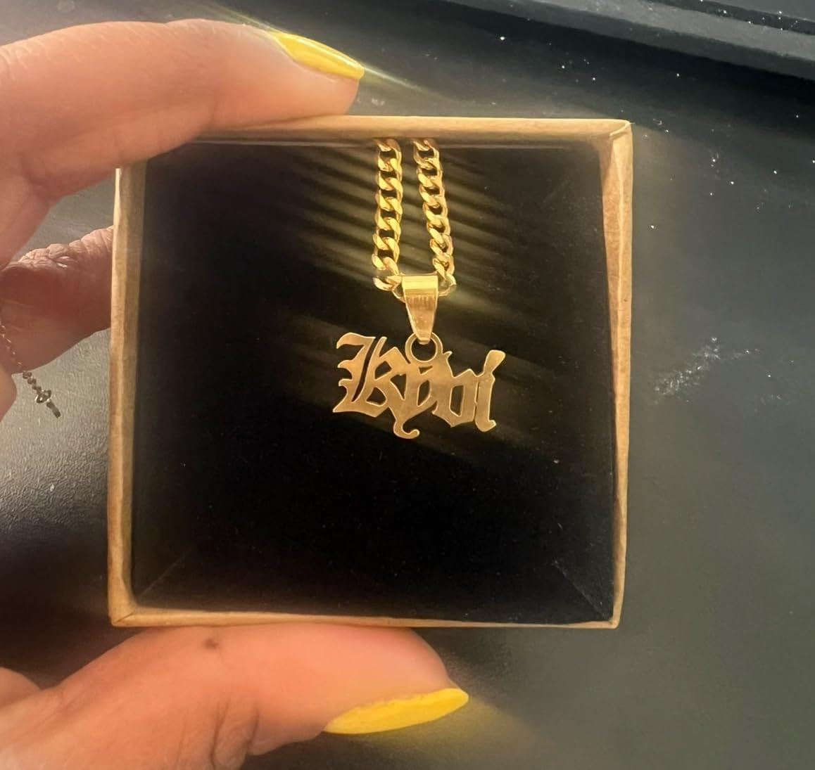 Customer photo review of CUSTOM OLD ENGLISH NAME NECKLACE