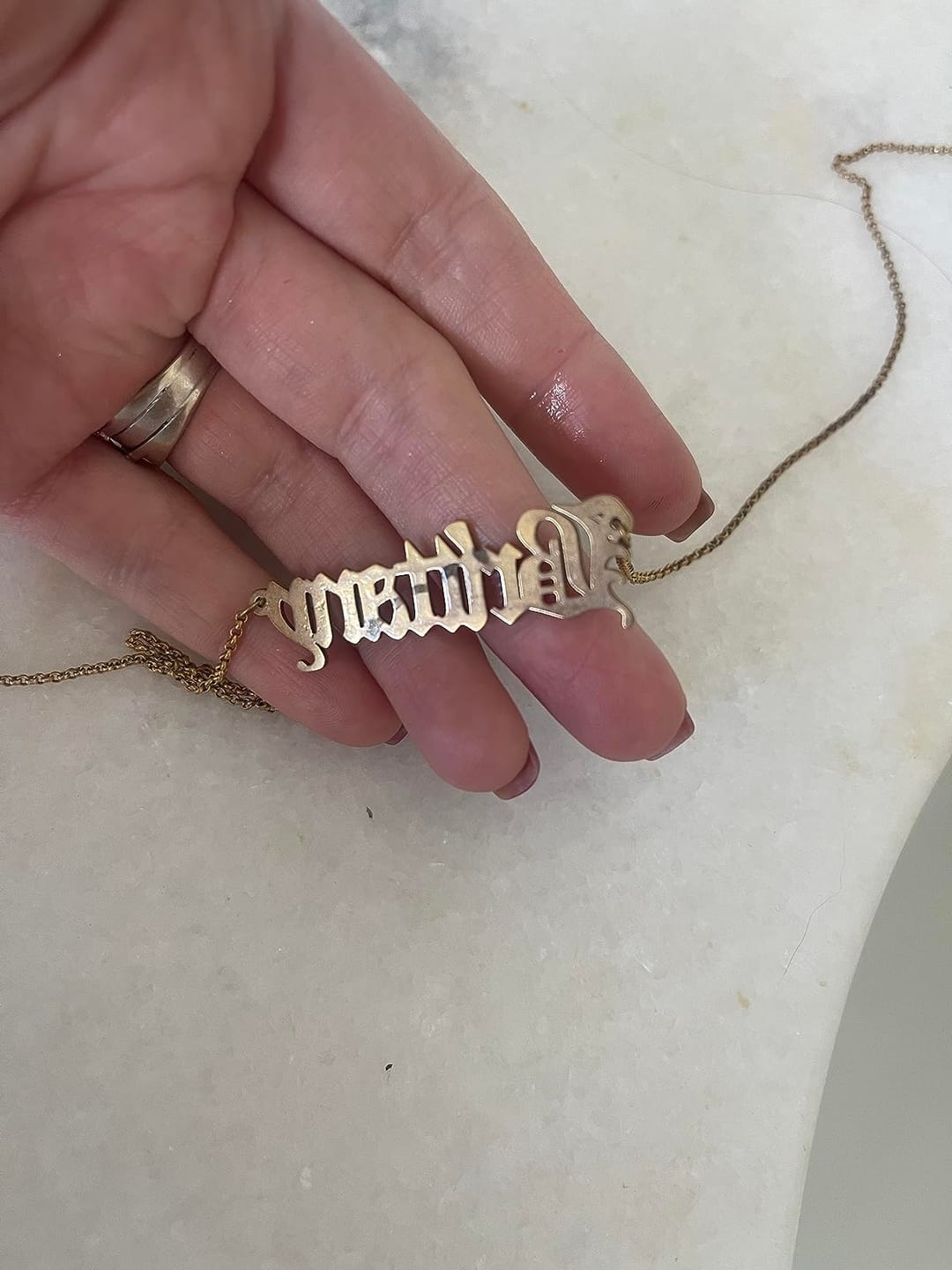 Customer photo review of CUSTOM OLD ENGLISH NAME NECKLACE
