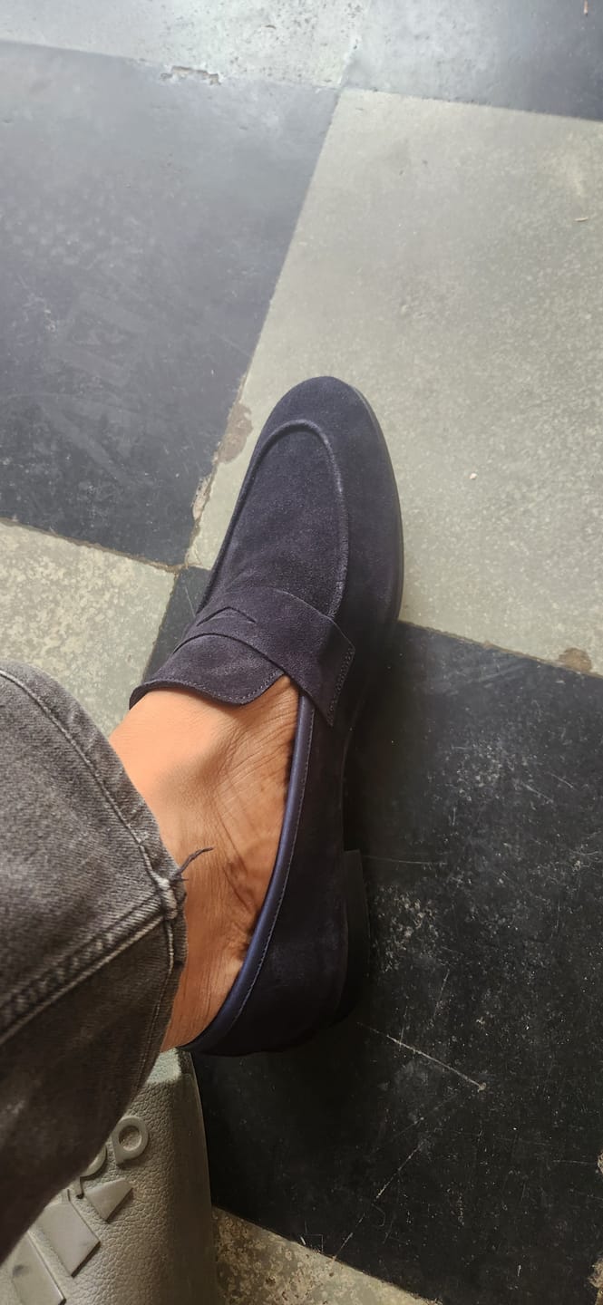 Customer photo review of Blue Suede Penny Loafers - Ultra-Flex