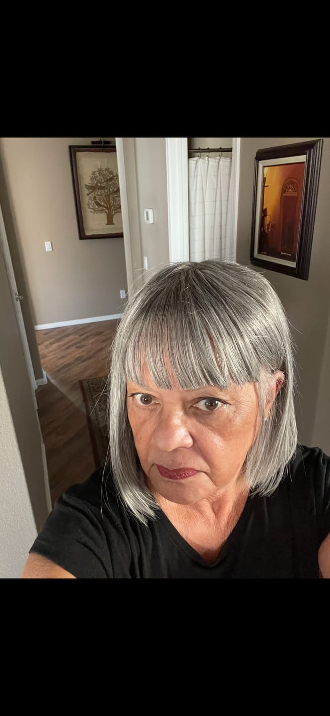 Customer photo review of Luvwin Salt And Pepper Full Machine Made Bang Wig With Small Lace